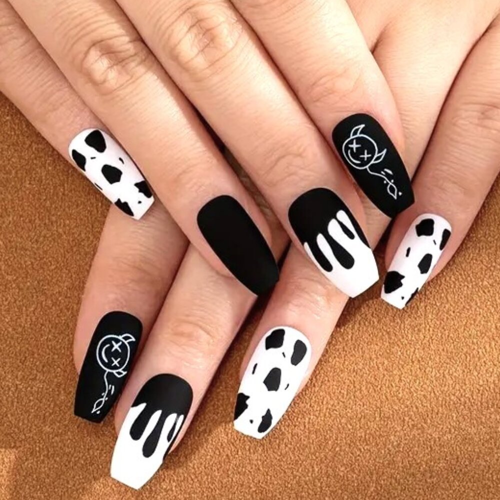 Nails Black & White Fake Press On 24 Devil Matte Trendy Splatter Drip Reusable